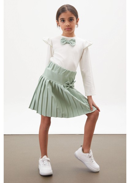 Yeşil Piliseli Etekli Uzun Kol Badili Kız Çocuk Elbise Takımı 17743 modelleri