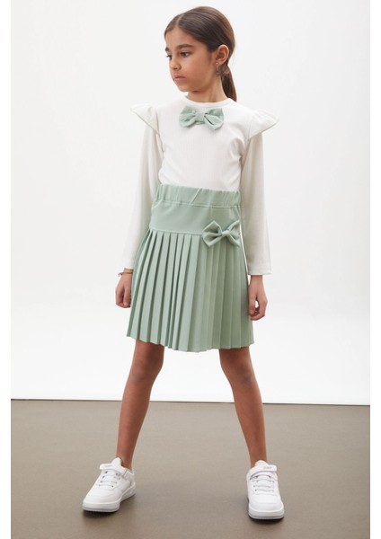 Yeşil Piliseli Etekli Uzun Kol Badili Kız Çocuk Elbise Takımı 17743 fırsatları