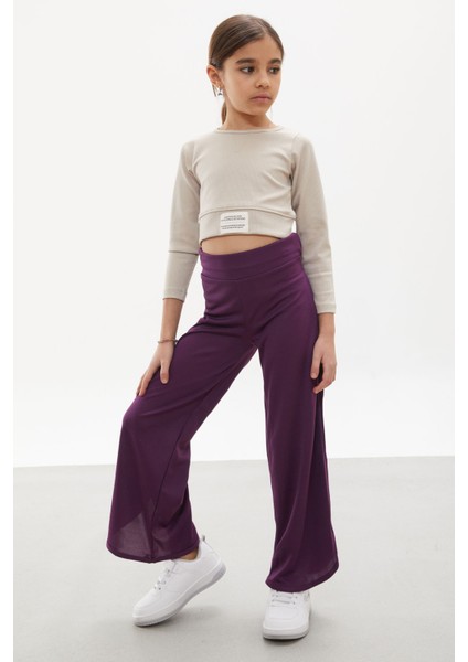 Mor Yırtmaçlı Paça Kuşaklı Viskon Kumaş Kız Pantolon 18104 modelleri
