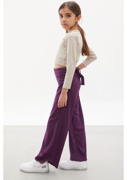 Mor Yırtmaçlı Paça Kuşaklı Viskon Kumaş Kız Pantolon 18104 indirimleri