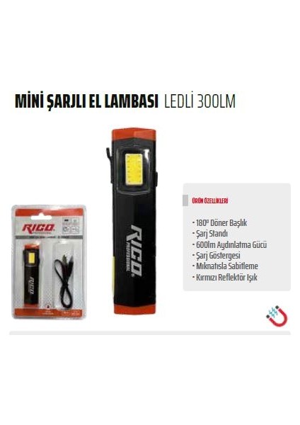 Rico Mini Şarjlı Mıknatıslı LED Lamba Tamirci Kampçı Lambası 300 Lümen