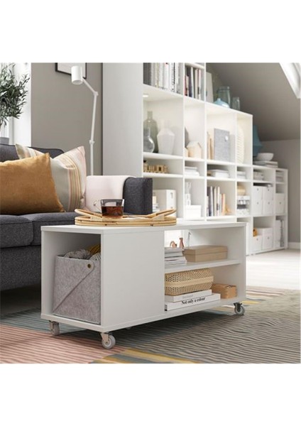 Vıhals Tekerlekli Beyaz Renk Orta Sehpa 91X37 cm Depolama Alanlı