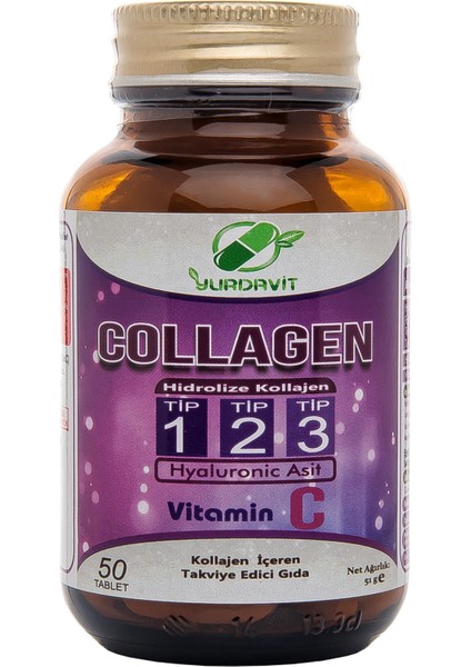 Hidrolize Collagen Kolajen Type Tip 1-2-3 Hyaluronic Acid Vitamin C 50 Tablet