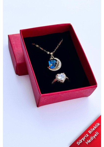 Trend Collection Kadın Çelik Gold Zirkon Taşlı Gökyüzü Kolye ve Pandora Yüzük Set (Sevgiliye Hediye)