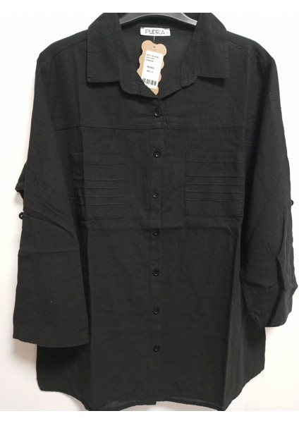 Büyük Beden Pamuk Keten Çift Cepli Yakalı Katlanabilir Kollu Gömlek