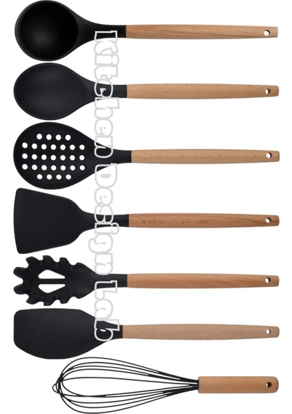 Siyah Bambu Silikon Servis Set - Kepçe, Kaşık, Kevgir, Makarna, Açılı Düz Spatula, Çırpıcı 7 Adet
