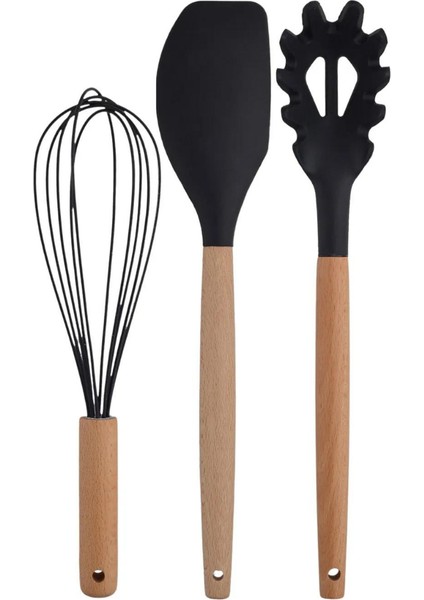 Siyah Bambu Silikon Servis Set - Kepçe, Kaşık, Kevgir, Makarna, Açılı Düz Spatula, Çırpıcı 7 Adet
