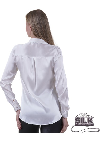 Beyaz Sade Hafif Dökümlü %100 Saf Ipek Sırtı Körüklü Silk Kadın Gömlek