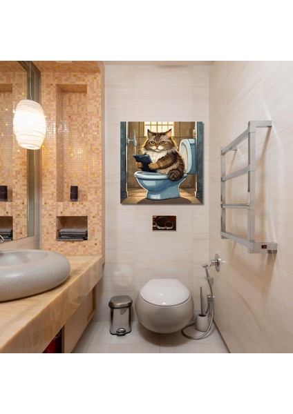 Tekli Kare Kanvas Banyo Tablosu Tabletle Oynayan Tüylü Tekir Kedi