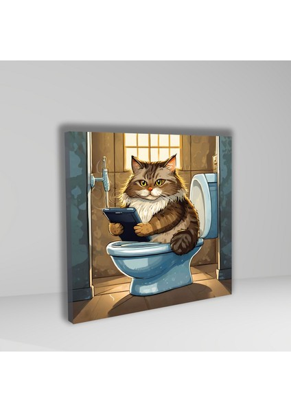 Tekli Kare Kanvas Banyo Tablosu Tabletle Oynayan Tüylü Tekir Kedi fiyatları