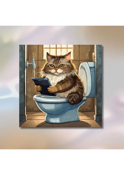 Tekli Kare Kanvas Banyo Tablosu Tabletle Oynayan Tüylü Tekir Kedi modelleri