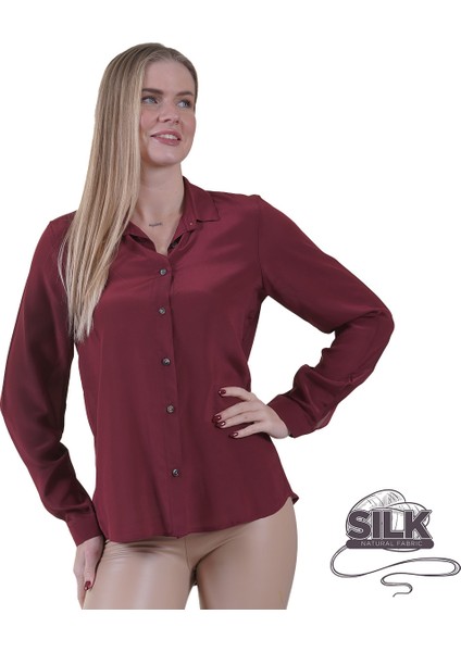 Bordo Hafif Dökümlü %100 Saf Ipek Sırtı Körüklü Silk Kadın Gömlek