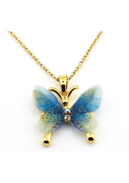 Mavi Yeşil Renkli Kelebek Paslanmaz Sarı Çelik Kadın Kolye Zincir Q0794