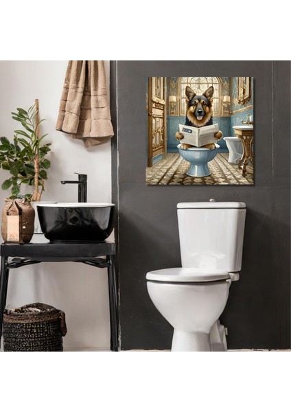 Tekli Kare Kanvas Banyo Tablosu Gazete Okuyan Alman Kurt Köpeği