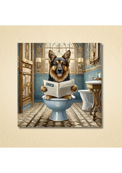 Tekli Kare Kanvas Banyo Tablosu Gazete Okuyan Alman Kurt Köpeği modelleri