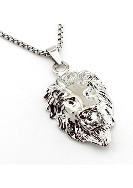 Aslan Lion Kabartma Gümüş Renkli Çelik Erkek Kolye Zincir Q0836 fırsatları