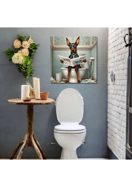 Tekli Kare Kanvas Banyo Tablosu Gazete Okuyan Doberman