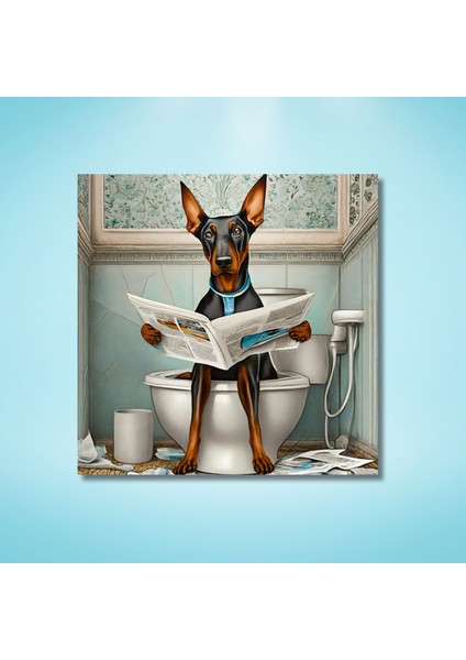 Tekli Kare Kanvas Banyo Tablosu Gazete Okuyan Doberman modelleri