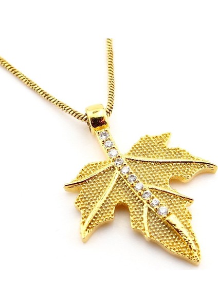 Çınar Yaprak Zirkon Taşlı Sarı Paslanmaz Çelik Zincir Kadın Kolye Q0784