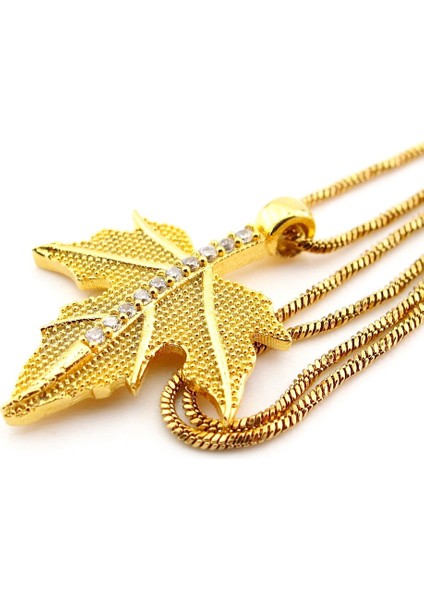 Çınar Yaprak Zirkon Taşlı Sarı Paslanmaz Çelik Zincir Kadın Kolye Q0784 modelleri