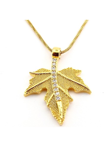 Çınar Yaprak Zirkon Taşlı Sarı Paslanmaz Çelik Zincir Kadın Kolye Q0784 fırsatları