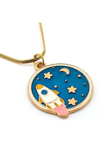 Uzay Roketi Yıldızlar ve Ay Yassı Italyan Çelik Zincir Kadın Kolye Q0774