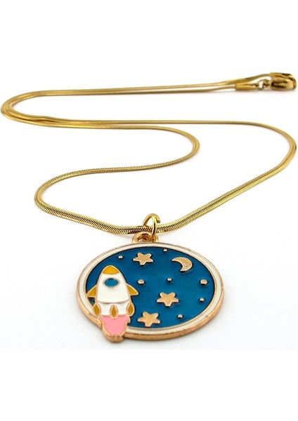 Uzay Roketi Yıldızlar ve Ay Yassı Italyan Çelik Zincir Kadın Kolye Q0774 fiyatları