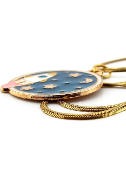 Uzay Roketi Yıldızlar ve Ay Yassı Italyan Çelik Zincir Kadın Kolye Q0774 modelleri