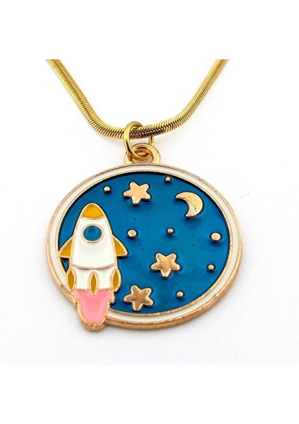 Uzay Roketi Yıldızlar ve Ay Yassı Italyan Çelik Zincir Kadın Kolye Q0774 fırsatları