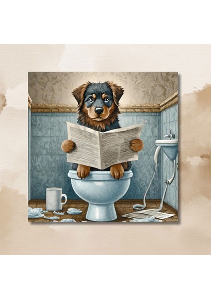 Tekli Kare Kanvas Banyo Tablosu Gazete Okuyan Rottweiler modelleri