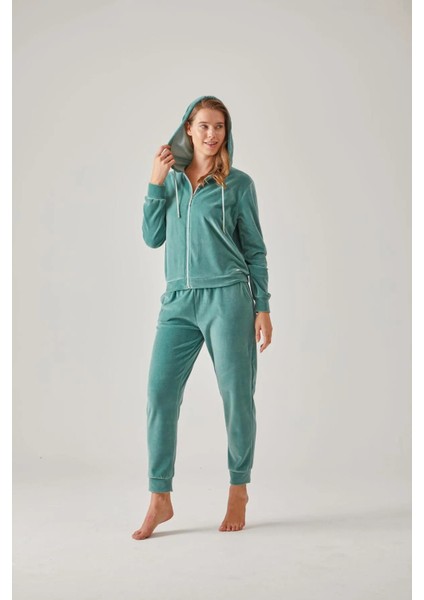 yeşil Önden Fermuarlı Kapsonlu Kadife Kadın Eşofman Takımı