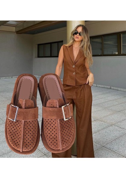 Taba Süet Deri Zımba Slipper