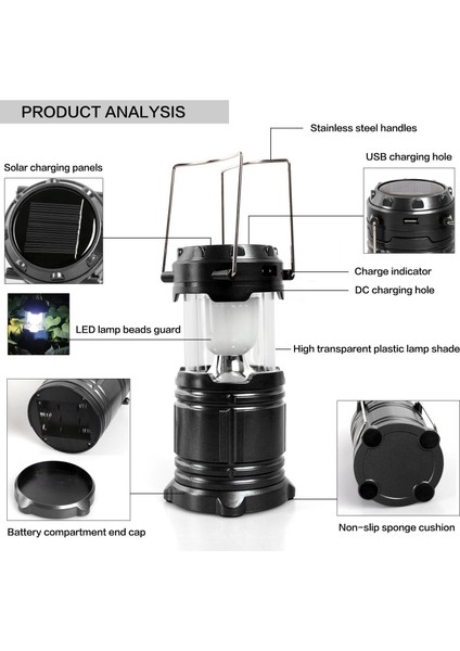 Hediye Filesi Kamp Lambası Solar Kamp Çadır Feneri LED Şarjlı USB Girişli Işıldak Siyah