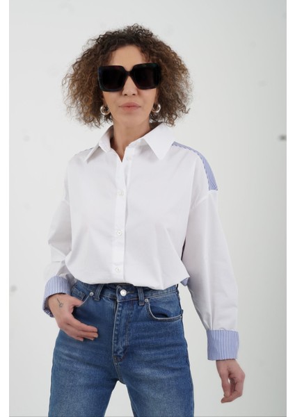 Ekru Arkası Mavi Çizgili Poplin Gömlek