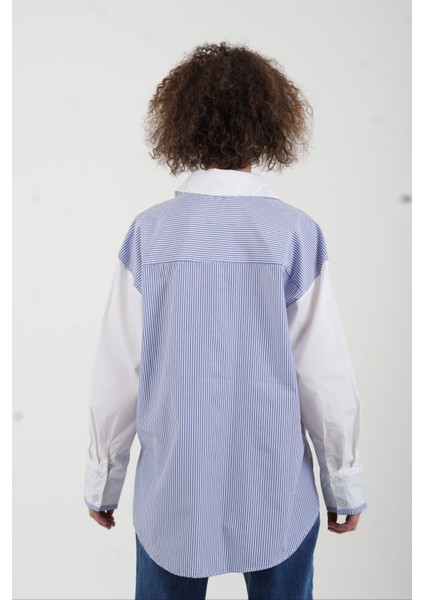 Ekru Arkası Mavi Çizgili Poplin Gömlek fiyatları