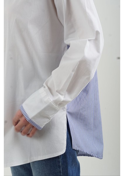 Ekru Arkası Mavi Çizgili Poplin Gömlek modelleri