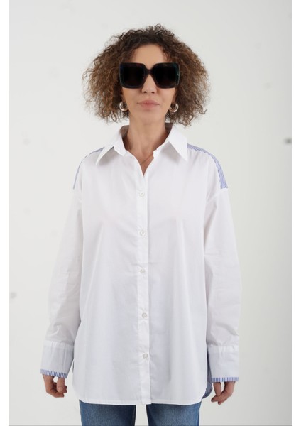 Ekru Arkası Mavi Çizgili Poplin Gömlek fırsatları