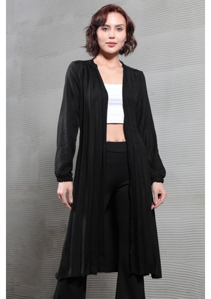 Kadın Kuşaklı Piliseli Uzun Aerobin Hırka Siyah - 6019