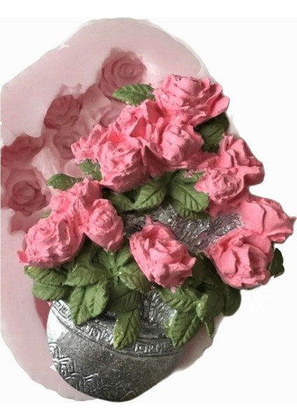 Pano Süsü Saksıda Gül Demeti Çiçekler Çiçek Aplik Dekor Silikon Kalıp K-630