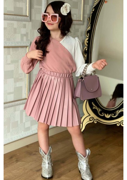 Kız Çocuk Çift Renkli Bluz, Piliseli Pembe Etekli Takım