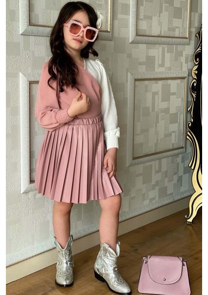 Kız Çocuk Çift Renkli Bluz, Piliseli Pembe Etekli Takım modelleri