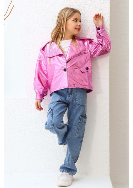 Kız Çocuk Parlak Ceket ve Jean Kargo Cepli Pantolon Pembe Alt Üst Takım