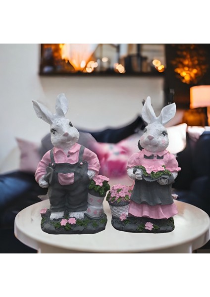 Bahçede Tavşanlar Pembe Gri Biblo Dekorasyon