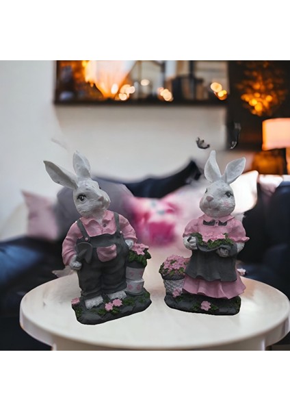 Bahçede Tavşanlar Pembe Gri Biblo Dekorasyon