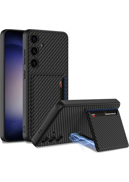 Galaxy S24 Plus Suni Deri Arka Yüzey Sürgülü Kamera Korumalı Kartlıklı Kıpta Silikon Kılıf