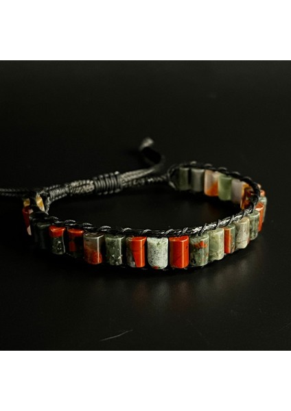 Kan Taşı Silindir Kesim Makrome Doğal Taş Deri Unisex Bileklik