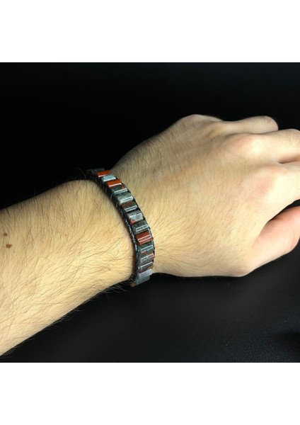 Kan Taşı Silindir Kesim Makrome Doğal Taş Deri Unisex Bileklik indirimleri