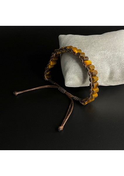 Kaplan Gözü Silindir Kesim Makrome Doğal Taş Deri Unisex Bileklik modelleri