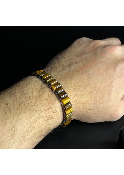 Kaplan Gözü Silindir Kesim Makrome Doğal Taş Deri Unisex Bileklik fırsatları