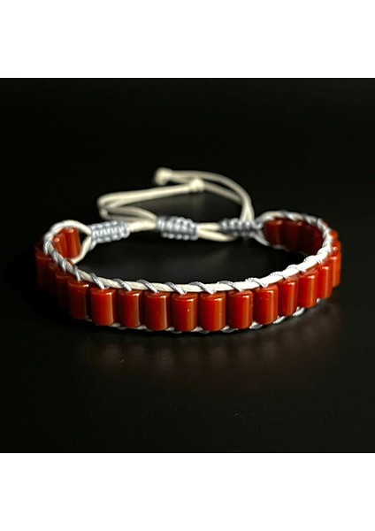 Akik Taşı Silindir Kesim Makrome Doğal Taş Deri Unisex Bileklik